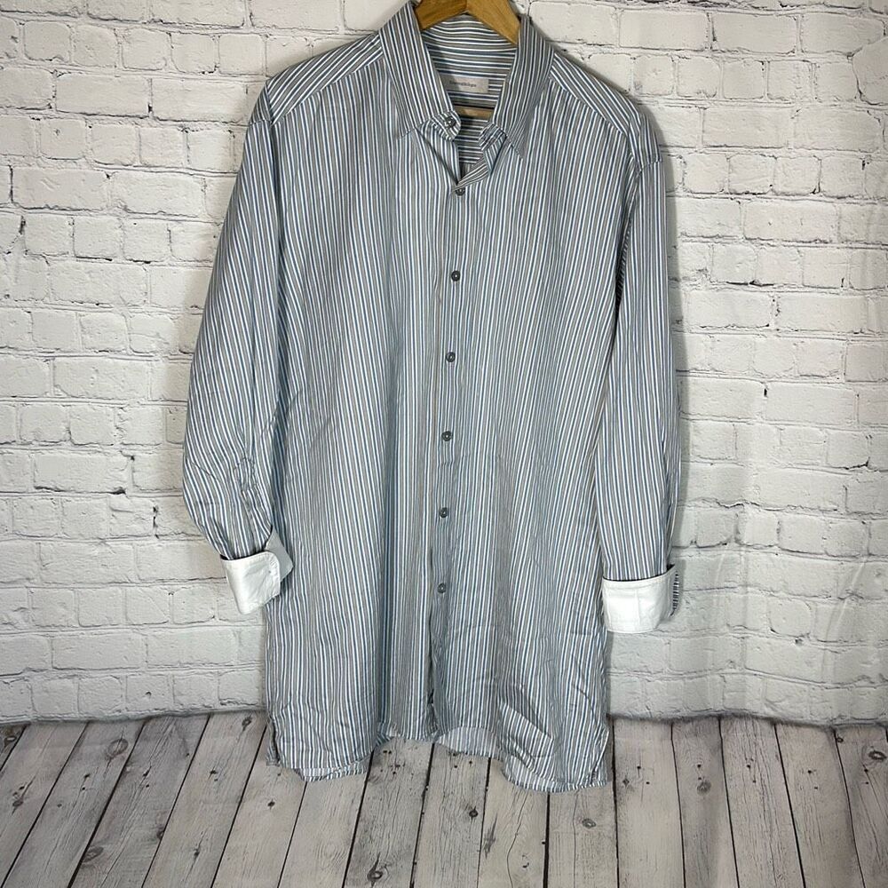 Ermenegildo Zegna Mens Blue White Striped Button Down Shirt Made in Italy